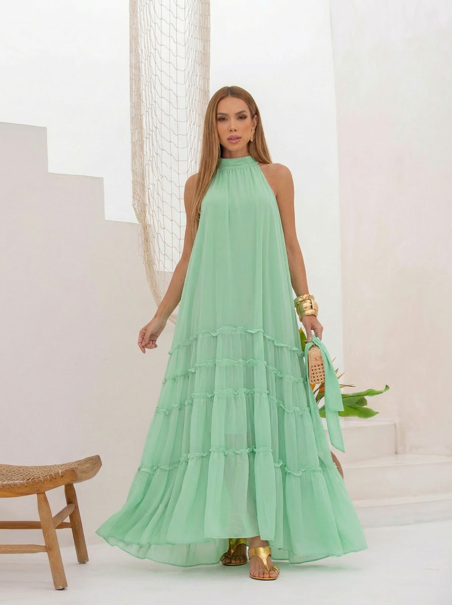 VESTIDO LONGO GOLA ALTA EM CAMADAS E FAIXA REMOVÍVEL VERDE
