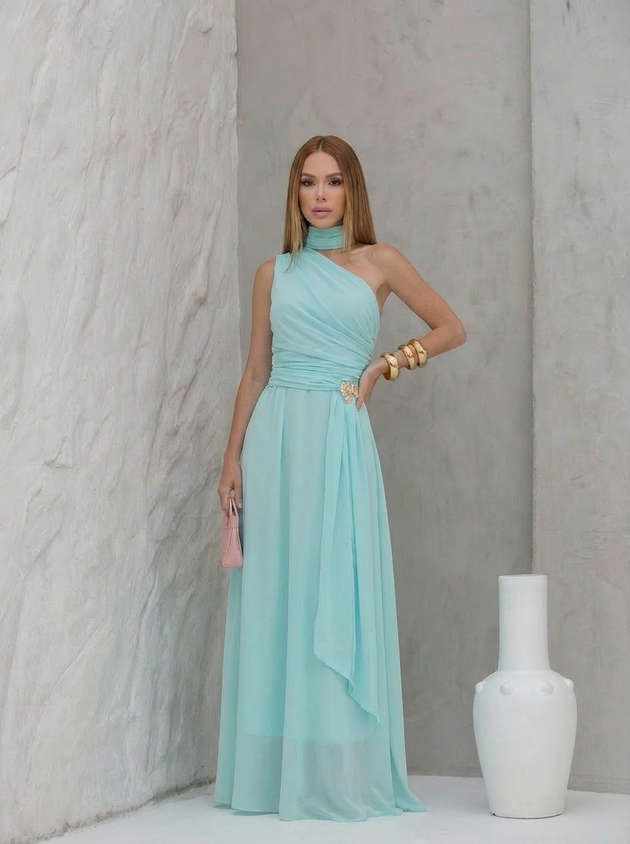 VESTIDO LONGO UM OMBRO DRAPEADO LATERAL ECHARPE COM FIVELA E CHOKER REMOVÍVEL AZUL