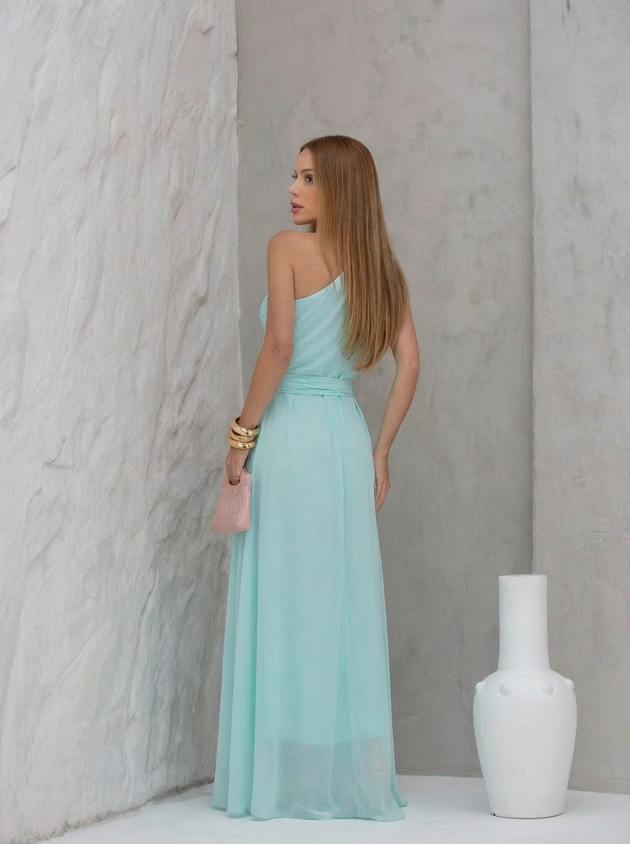 VESTIDO LONGO UM OMBRO DRAPEADO LATERAL ECHARPE COM FIVELA E CHOKER REMOVÍVEL AZUL