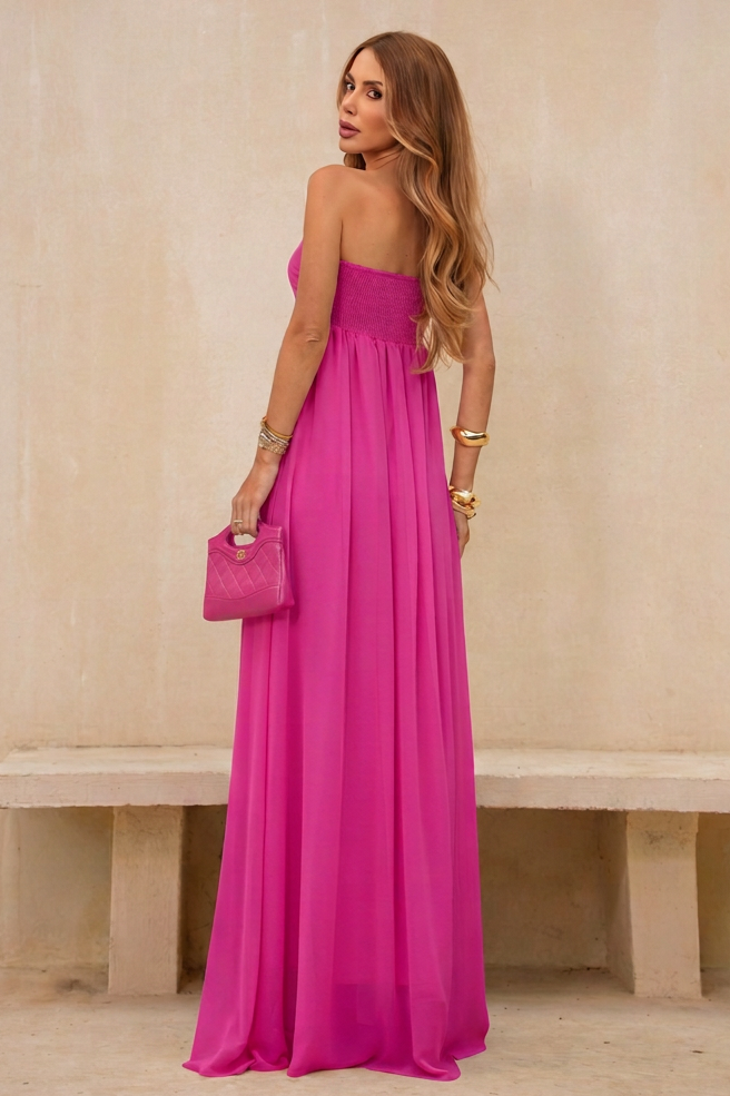 VESTIDO LONGO TOMARA QUE CAIA DRAPEADO NO BUSTO ROSA