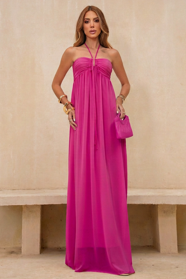 VESTIDO LONGO TOMARA QUE CAIA DRAPEADO NO BUSTO ROSA