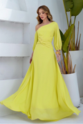 VESTIDO LONGO UM OMBRO COM MANGA BUFANTE E FLORES 3D AMARELO