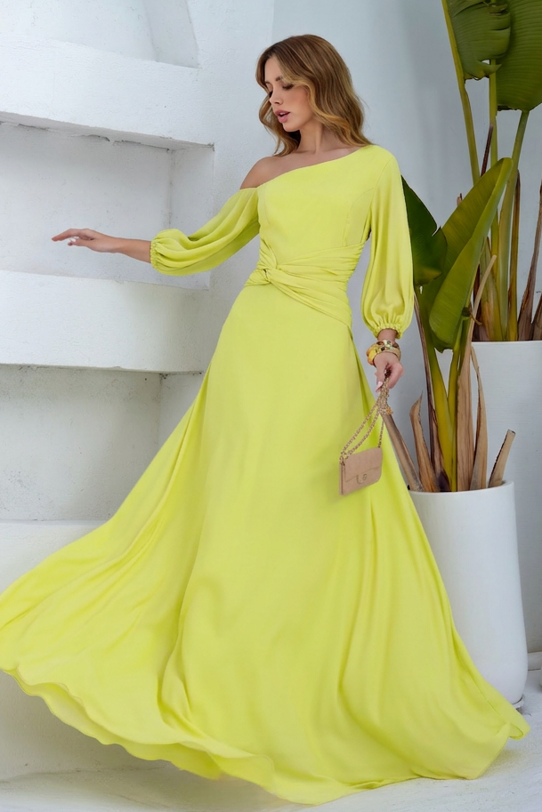 VESTIDO LONGO UM OMBRO COM MANGA BUFANTE E FLORES 3D AMARELO