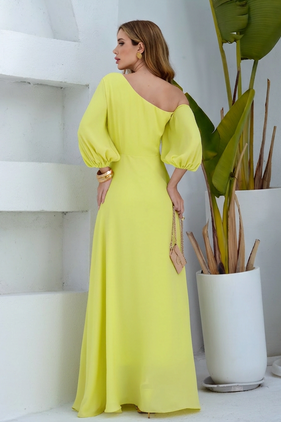 VESTIDO LONGO UM OMBRO COM MANGA BUFANTE E FLORES 3D AMARELO