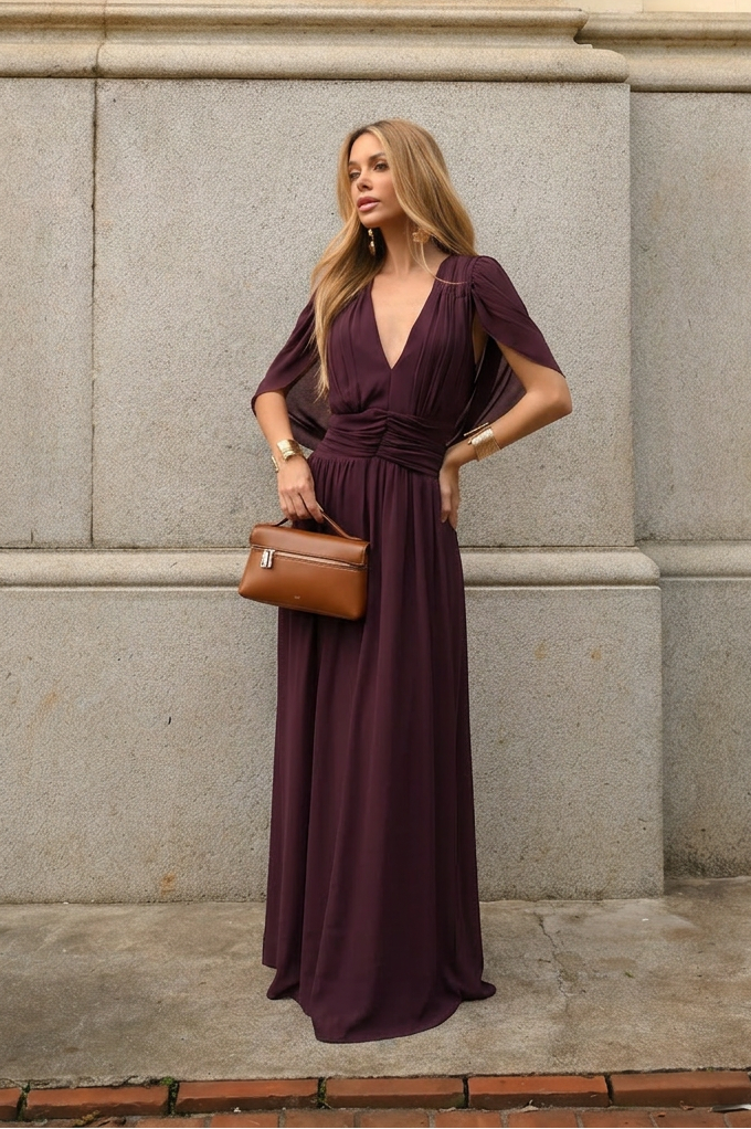 VESTIDO LONGO DECOTE V COM MANGA MORCEGO E FRANZIDO NA CINTURA MARSALA ESCURO