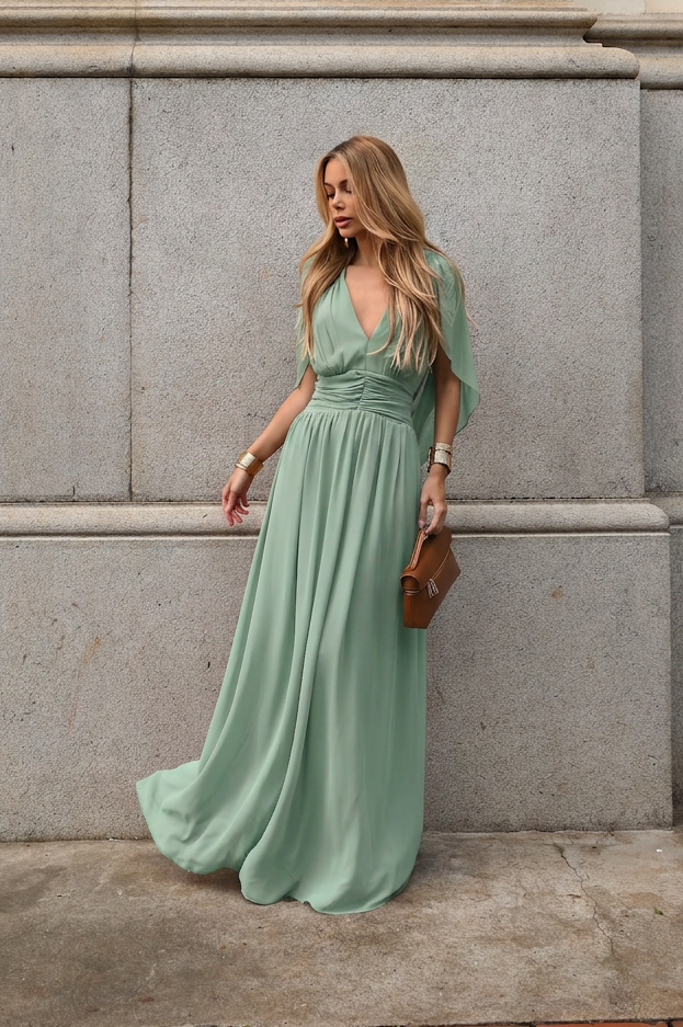 VESTIDO LONGO DECOTE V COM MANGA MORCEGO E FRANZIDO NA CINTURA VERDE ÁGUA