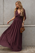 VESTIDO LONGO DECOTE V COM MANGA MORCEGO E FRANZIDO NA CINTURA MARSALA ESCURO