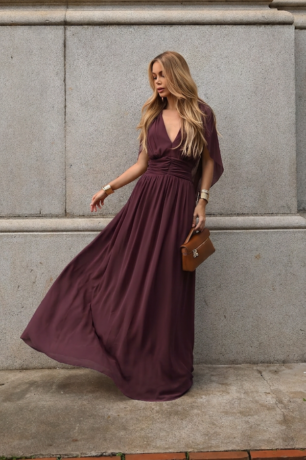 VESTIDO LONGO DECOTE V COM MANGA MORCEGO E FRANZIDO NA CINTURA MARSALA ESCURO