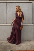 VESTIDO LONGO DECOTE V COM MANGA MORCEGO E FRANZIDO NA CINTURA MARSALA ESCURO