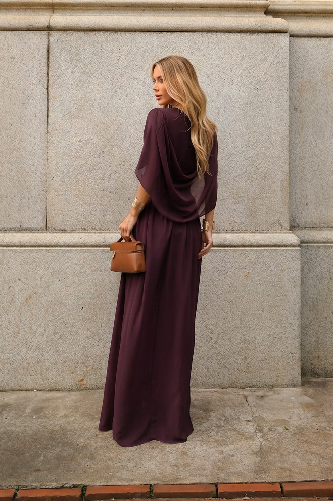 VESTIDO LONGO DECOTE V COM MANGA MORCEGO E FRANZIDO NA CINTURA MARSALA ESCURO