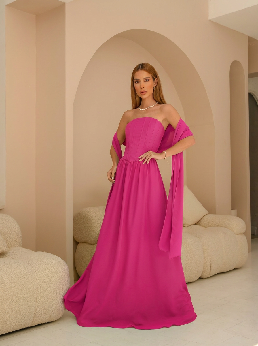 VESTIDO LONGO TOMARA QUE CAIA COM ECHARPE E CORPETE ESTRUTURADO ROSA