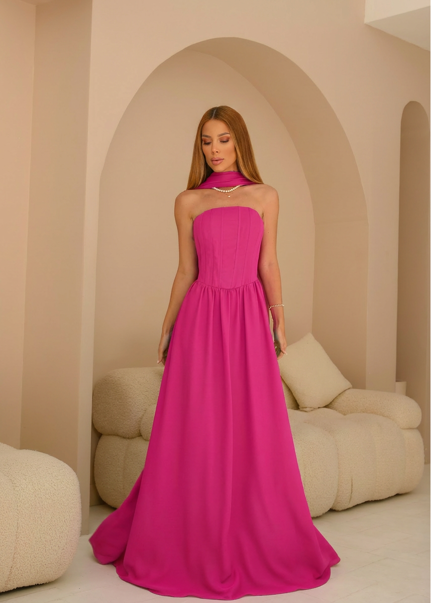 VESTIDO LONGO TOMARA QUE CAIA COM ECHARPE E CORPETE ESTRUTURADO ROSA