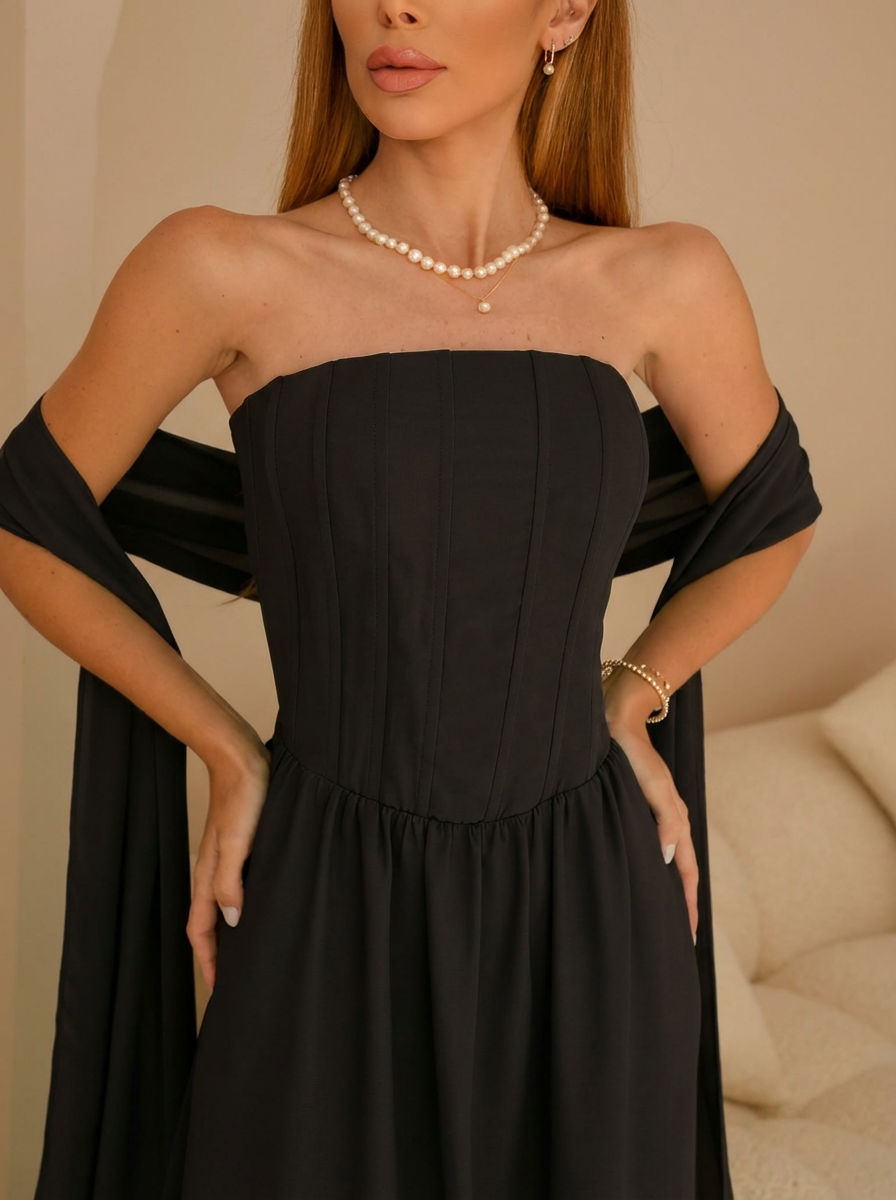 VESTIDO LONGO TOMARA QUE CAIA COM ECHARPE E CORPETE ESTRUTURADO PRETO