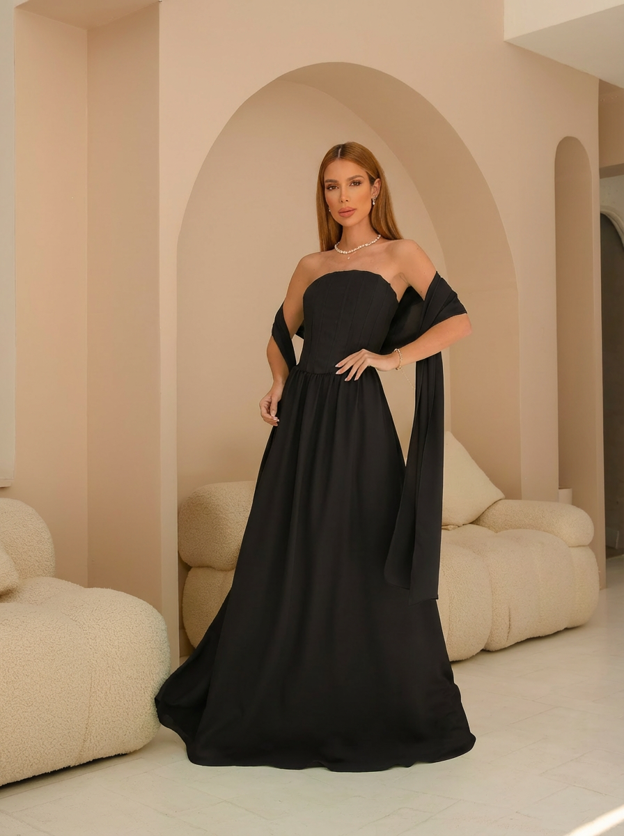 VESTIDO LONGO TOMARA QUE CAIA COM ECHARPE E CORPETE ESTRUTURADO PRETO