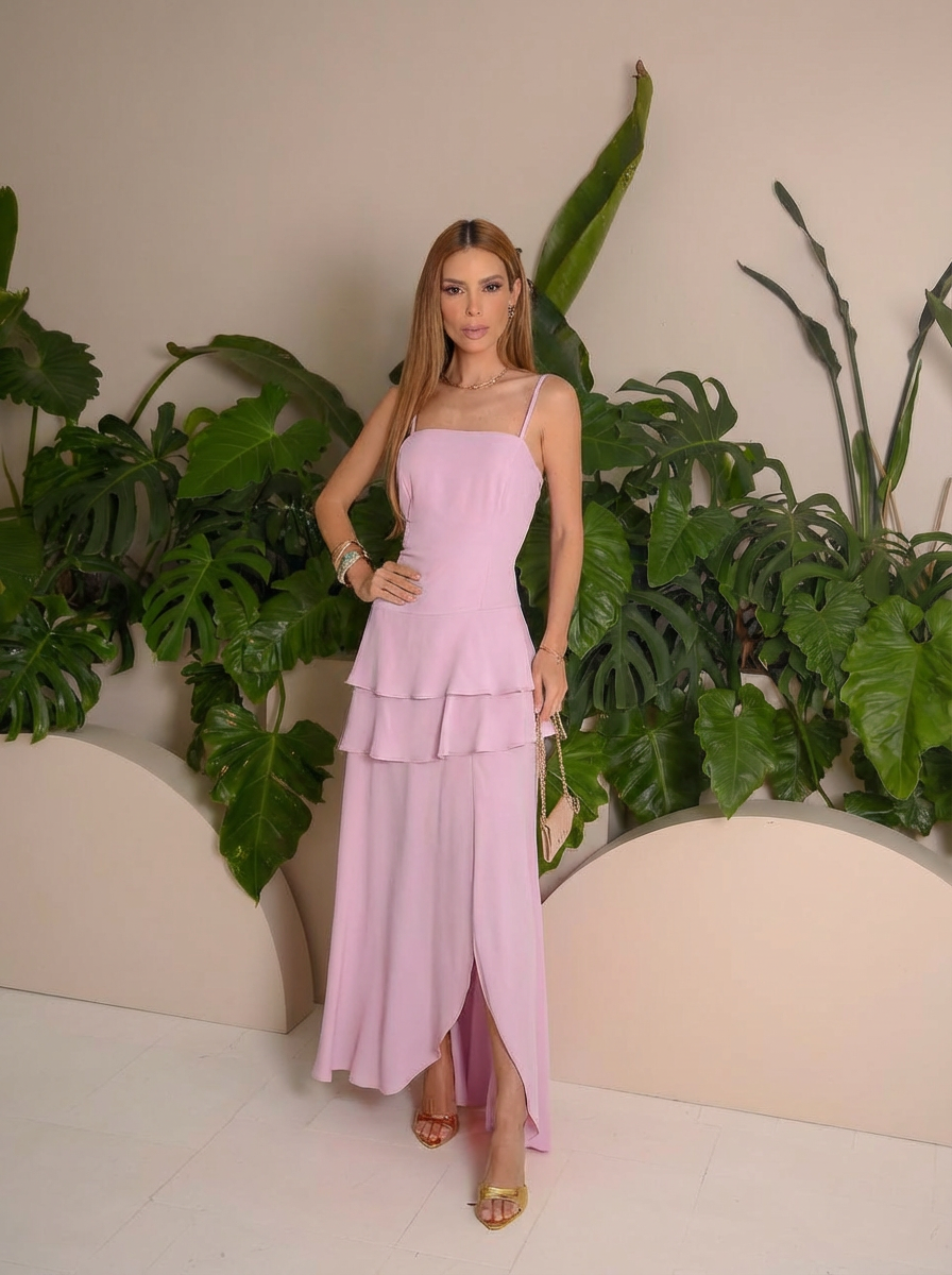 VESTIDO LONGO DECOTE RETO COM BABADO ROSA