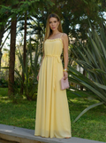 VESTIDO LONGO DECOTE RETO DE ALÇAS COM DETALHE ORIGAMI AMARELO
