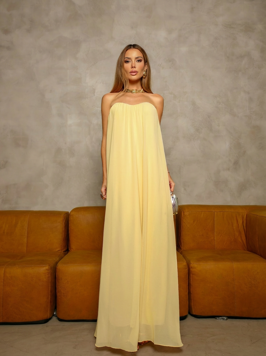 VESTIDO LONGO TOMARA QUE CAIA COM BUSTO DRAPEADO AMARELO
