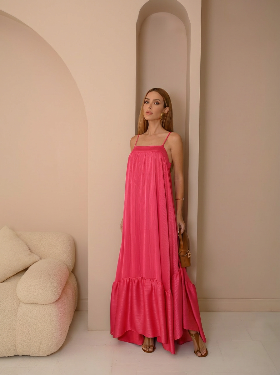 VESTIDO LONGO DECOTE RETO DE ALÇAS COM BABADO NA BARRA ROSA