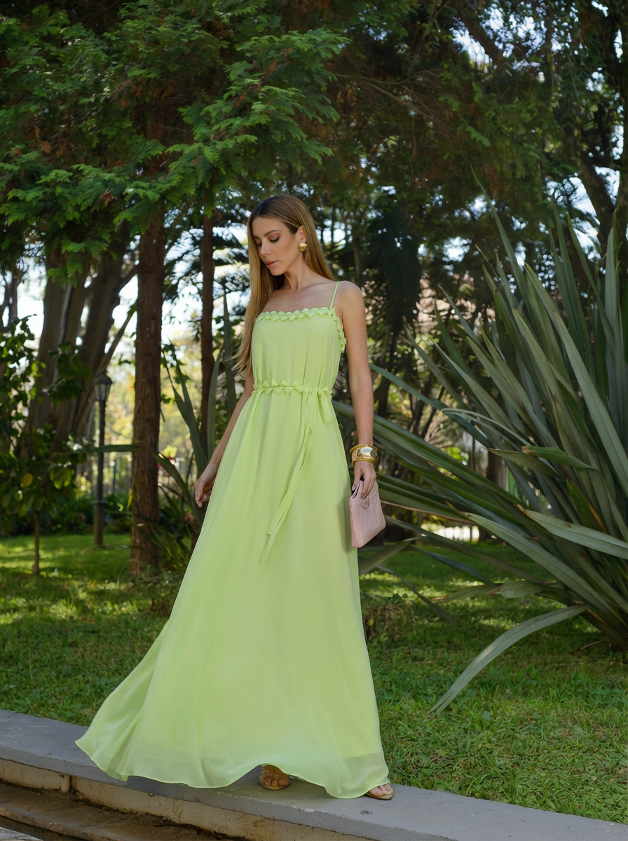 VESTIDO LONGO DECOTE RETO DE ALÇAS COM DETALHE ORIGAMI VERDE