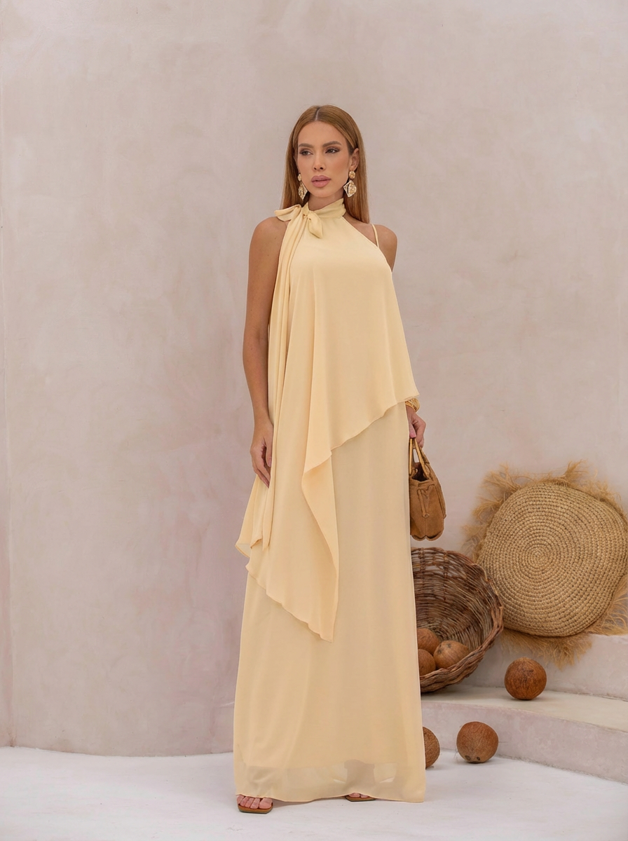 VESTIDO LONGO DECOTE RETO COM CAPA GOLA LAÇO NUDE