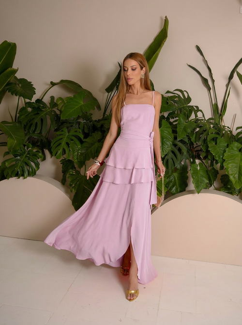 VESTIDO LONGO DECOTE RETO COM BABADO ROSA