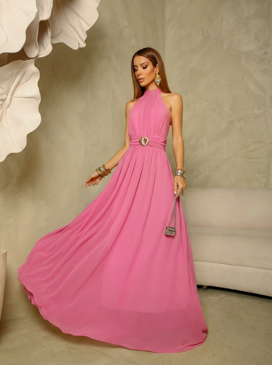 VESTIDO LONGO FRENTE ÚNICA DRAPEADO GOLA ALTA ROSA
