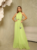 VESTIDO LONGO FRENTE ÚNICA DRAPEADO GOLA ALTA VERDE