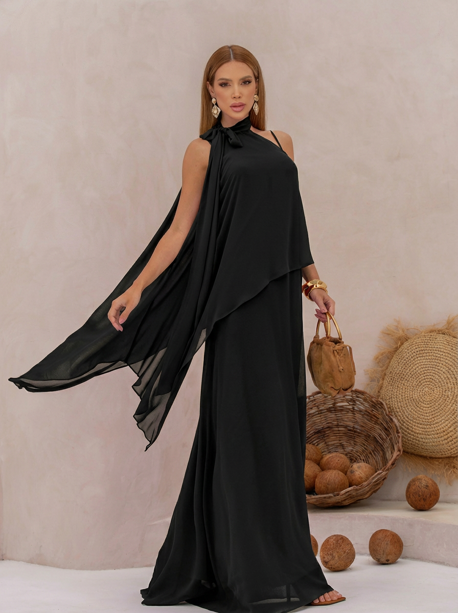 VESTIDO LONGO DECOTE RETO COM CAPA GOLA LAÇO PRETO