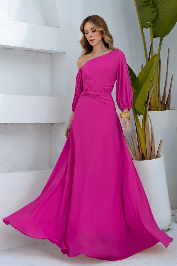 VESTIDO LONGO UM OMBRO COM MANGA BUFANTE E FLORES 3D ROSA