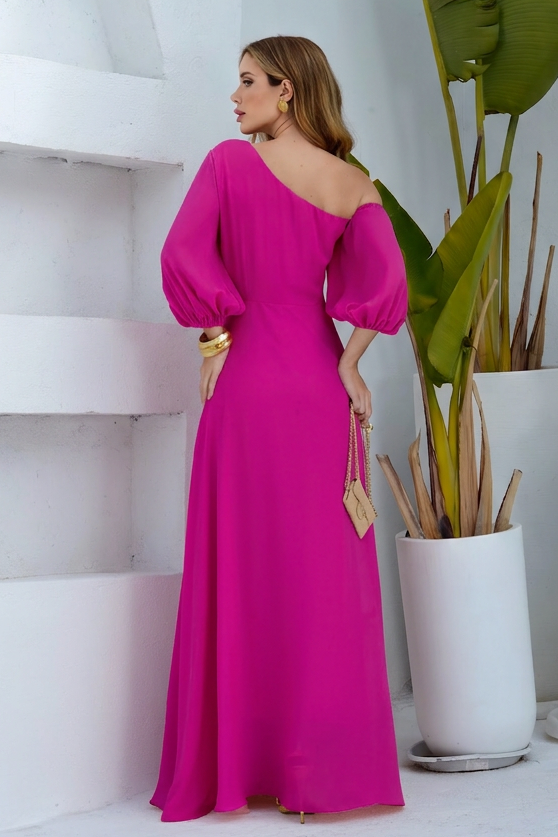VESTIDO LONGO UM OMBRO COM MANGA BUFANTE E FLORES 3D ROSA