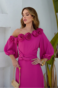 VESTIDO LONGO UM OMBRO COM MANGA BUFANTE E FLORES 3D ROSA