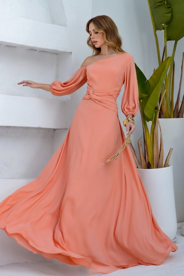 VESTIDO LONGO UM OMBRO COM MANGA BUFANTE E FLORES 3D LARANJA