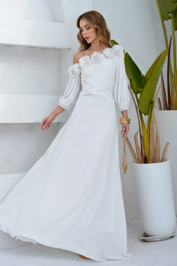 VESTIDO LONGO UM OMBRO COM MANGA BUFANTE E FLORES 3D OFF WHITE