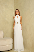 VESTIDO LONGO NADADOR DRAPEADO NA CINTURA GOLA ALTA OFF WHITE