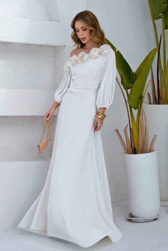 VESTIDO LONGO UM OMBRO COM MANGA BUFANTE E FLORES 3D OFF WHITE