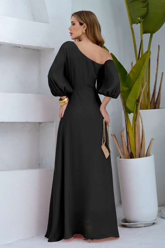 VESTIDO LONGO UM OMBRO COM MANGA BUFANTE E FLORES 3D PRETO