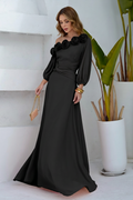 VESTIDO LONGO UM OMBRO COM MANGA BUFANTE E FLORES 3D PRETO