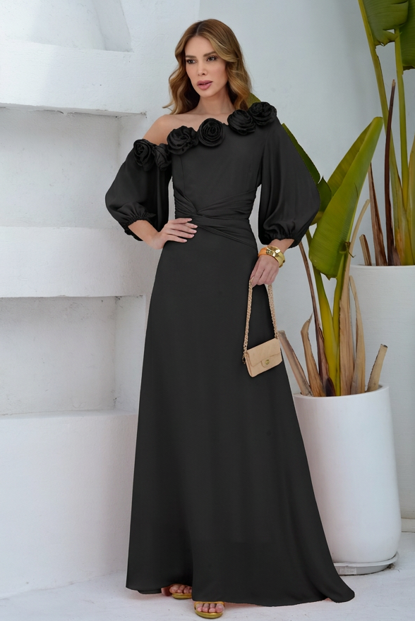 VESTIDO LONGO UM OMBRO COM MANGA BUFANTE E FLORES 3D PRETO