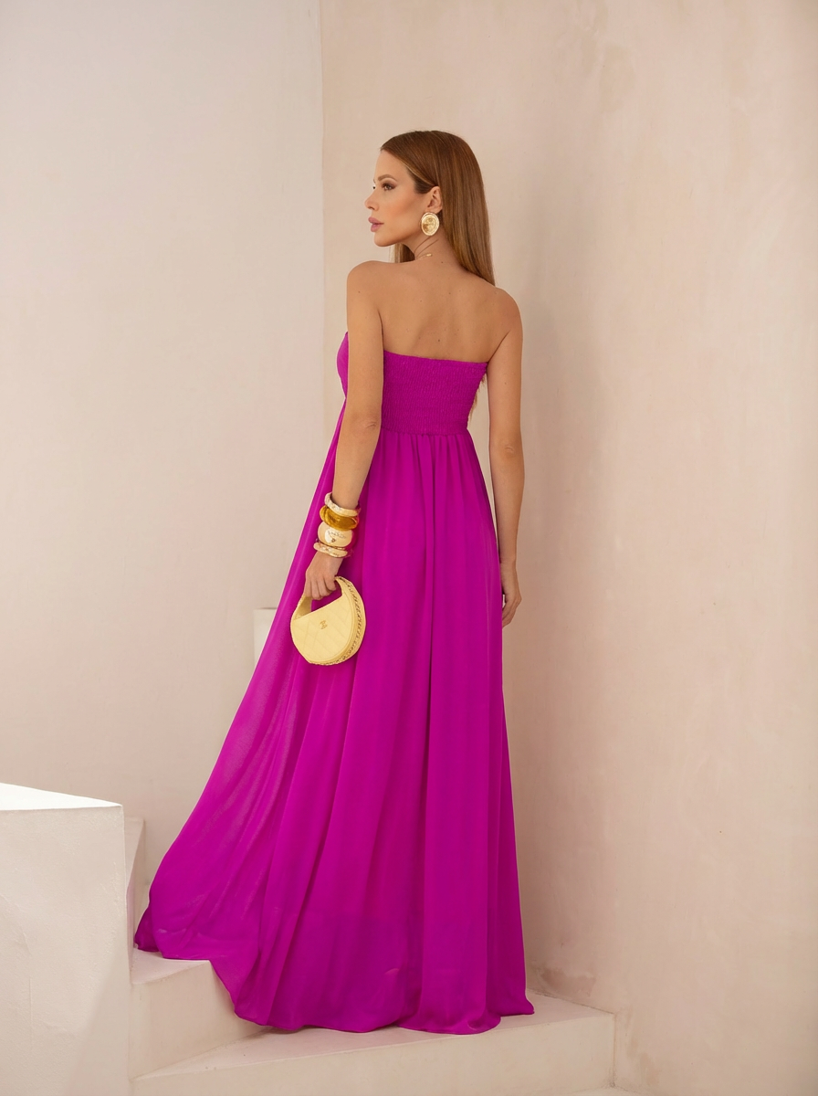 VESTIDO LONGO TOMARA QUE CAIA COM BABADOS CASCATA ROSA