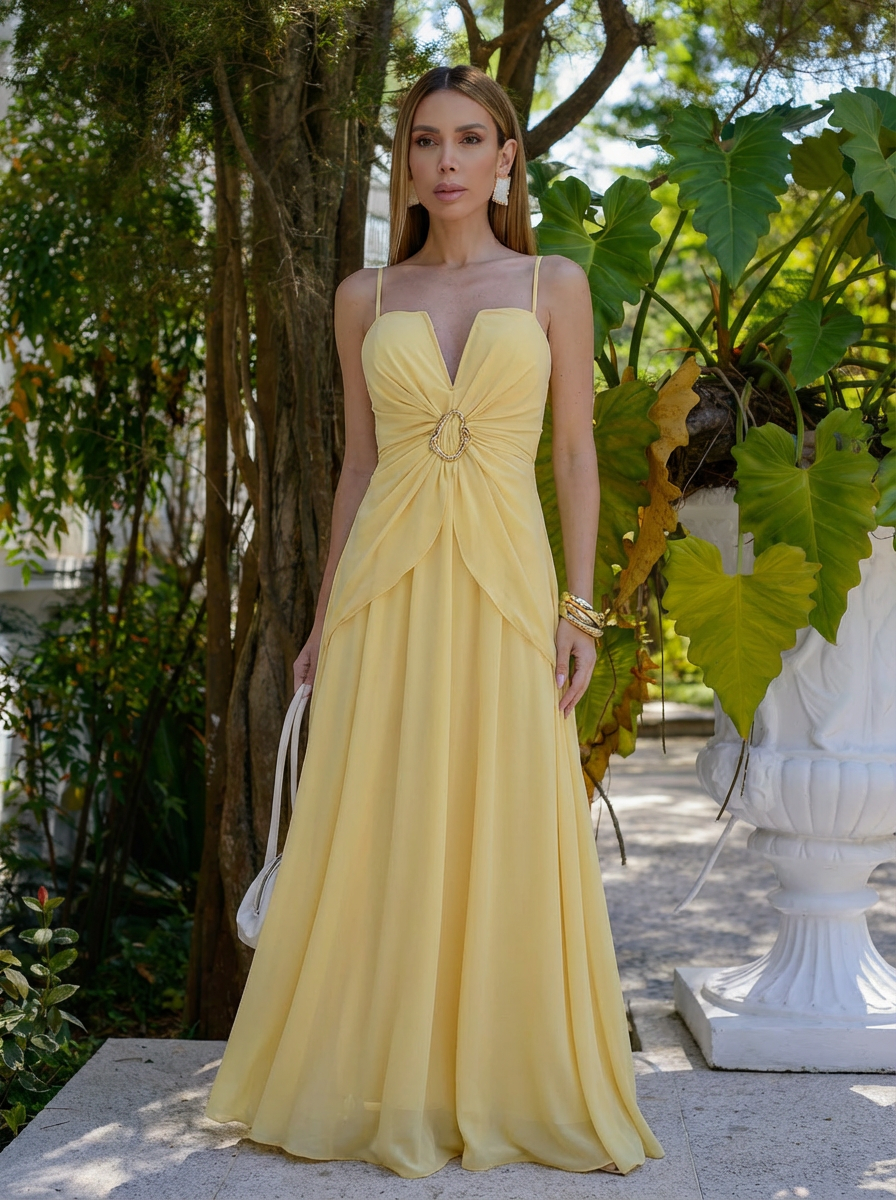 VESTIDO LONGO DECOTE V ESTRUTURADO DRAPEADO NA CINTURA COM FIVELA AMARELO