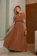 VESTIDO LONGO MANGA MORCEGO COM GOTA NO DECOTE MARROM