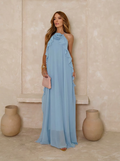 VESTIDO LONGO FRENTE ÚNICA COM FLOR 3D REMOVÍVEL E BABADOS CASCATA AZUL