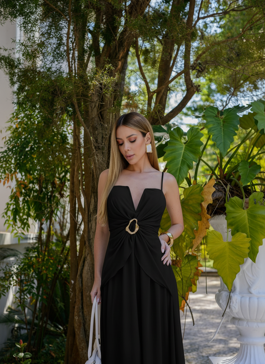 VESTIDO LONGO DECOTE V ESTRUTURADO DRAPEADO NA CINTURA COM FIVELA PRETO