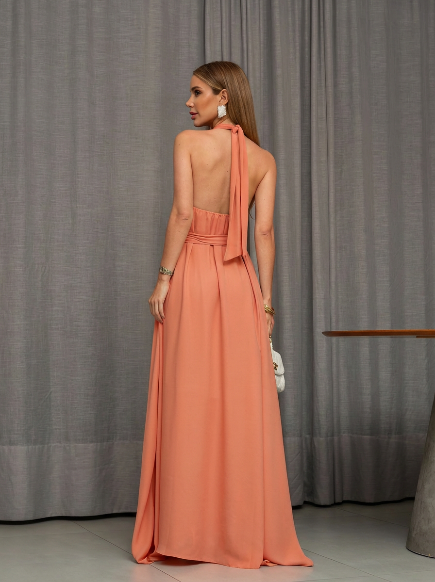 VESTIDO LONGO FRENTE ÚNICA COM LAÇO E FLOR 3D REMOVÍVEL LARANJA