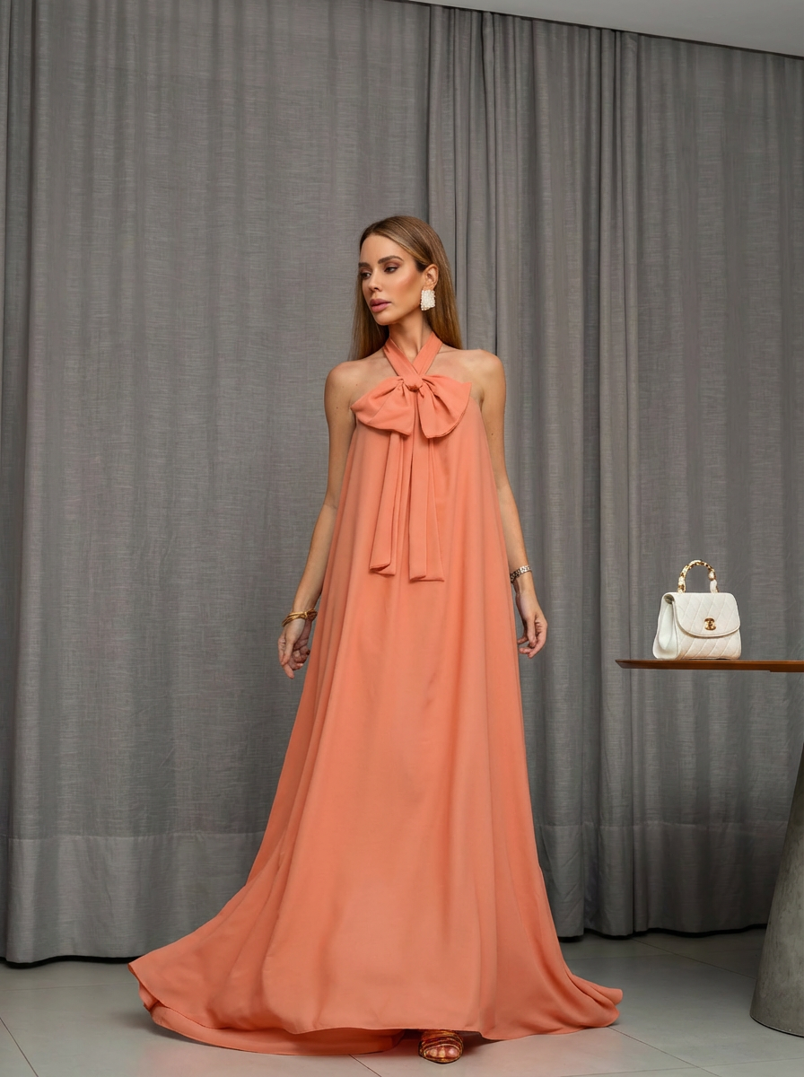 VESTIDO LONGO FRENTE ÚNICA COM LAÇO E FLOR 3D REMOVÍVEL LARANJA