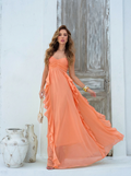 VESTIDO LONGO DECOTE CORAÇÃO COM ALÇAS E BABADO CASCATA LARANJA
