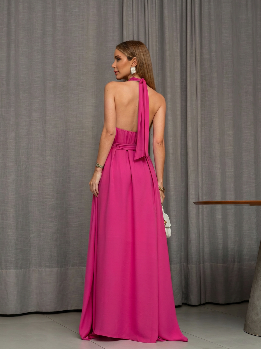 VESTIDO LONGO FRENTE ÚNICA COM LAÇO E FLOR 3D REMOVÍVEL ROSA