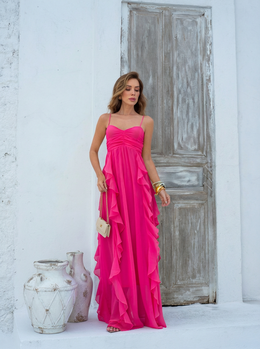 VESTIDO LONGO DECOTE CORAÇÃO COM ALÇAS E BABADO CASCATA ROSA