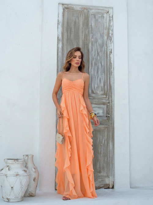 VESTIDO LONGO DECOTE CORAÇÃO COM ALÇAS E BABADO CASCATA LARANJA