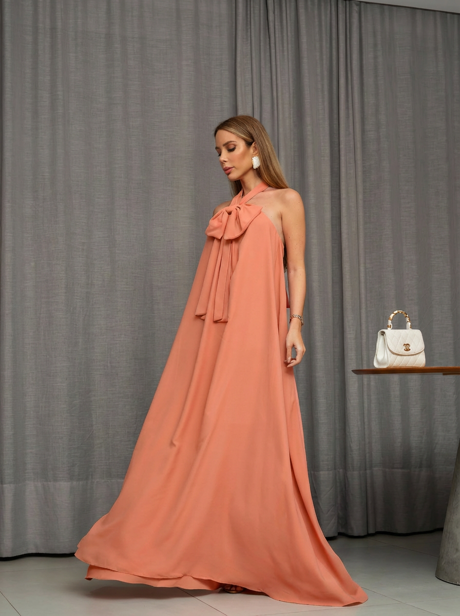 VESTIDO LONGO FRENTE ÚNICA COM LAÇO E FLOR 3D REMOVÍVEL LARANJA